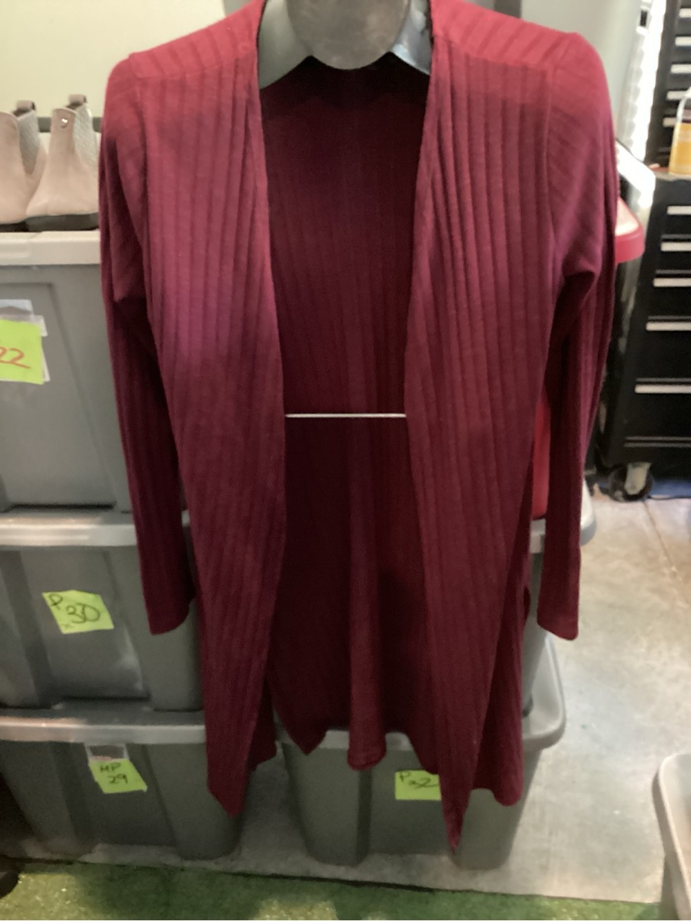 Open-Front Ribbed Long Cardigan Sweater - Burgundy p77